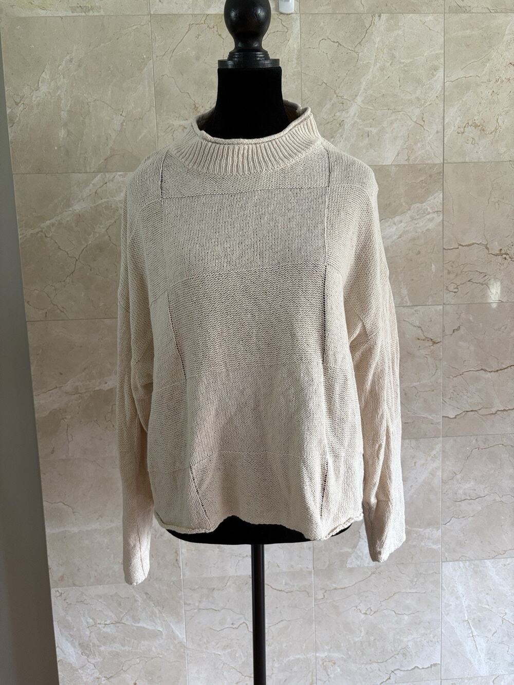 FP Beach Mock-Neck Roll Hem Cotton Knit Andy Sweater — S Oversized Ivory Checker